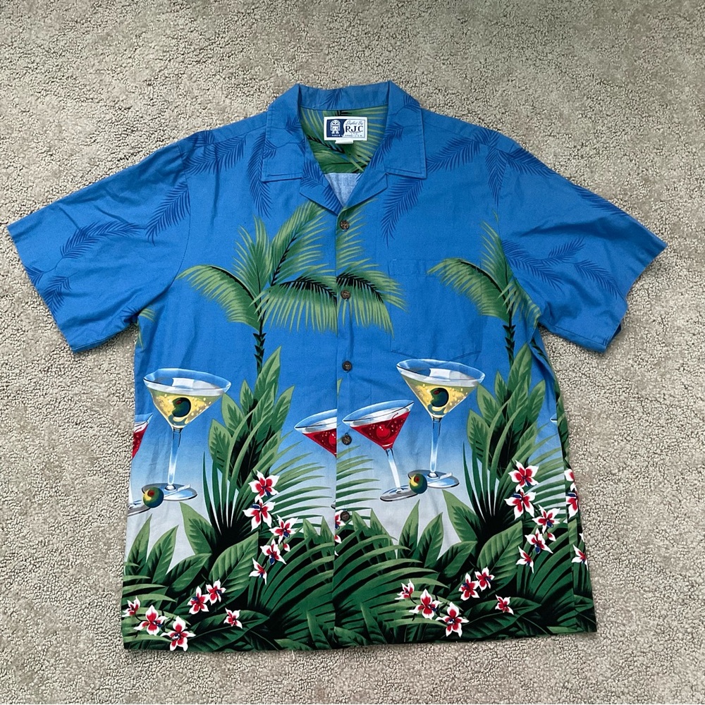 Styled By RJC Blue Martini Glass Made in Hawaii Button Down Short Sleeve Size L